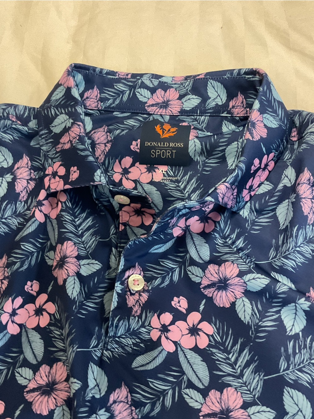 Men’s Donald Ross Navy Floral Polo Golf Shirt - Pink & Light Blue Print